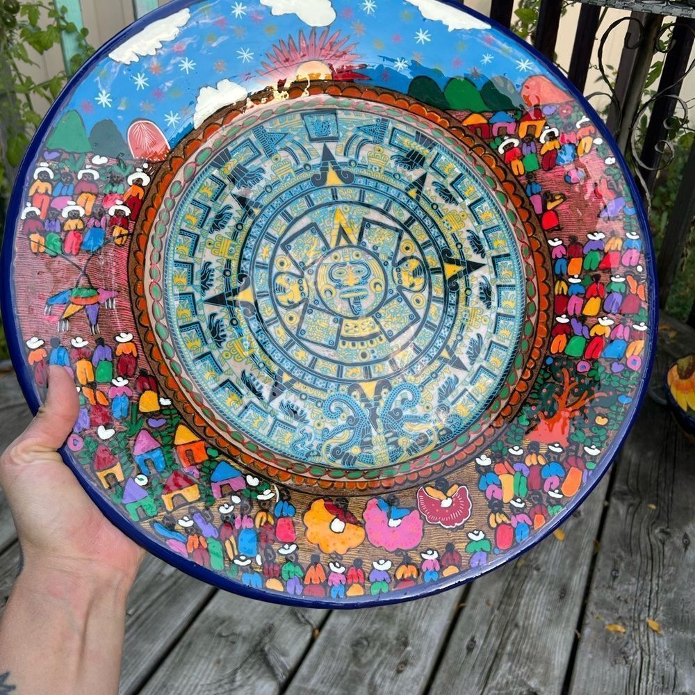 Mexican Folk Art Plate Terracotta Pottery Wall Hanging Hand Painted 16” - Picture 4 of 16